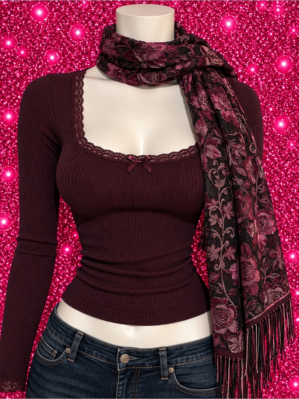 Women’s Burgundy Floral Fringe Scarf - Brand